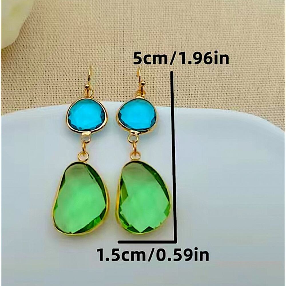 Gold Vintage Gemstone Crystal Blue Green Dangle Earrings - Picture 4 of 4